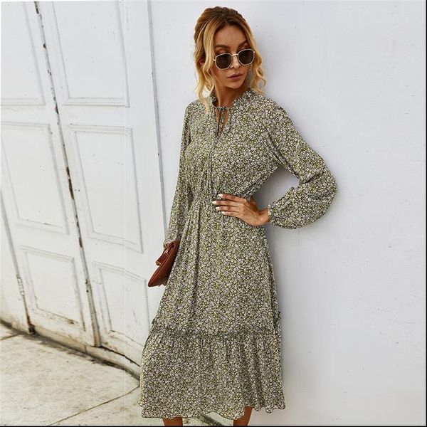 

autumn winter ladies casual floral print dress women full sleeve lace up v neck high wasit long vintage dress female 2021 new, Black;gray