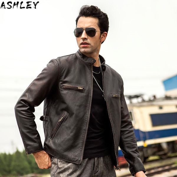 

men's leather & faux brown 2021 vintage men slim fit biker's jacket plus size 6xll genuine cowhide autumn motorcycle coat, Black