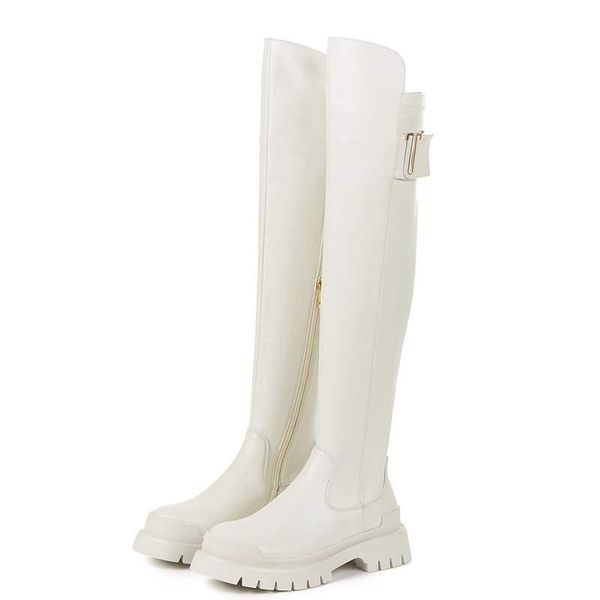 

boots 2021 cow leather platform thigh round toe casual winter shoes zip dress over the knee 34-39, Black