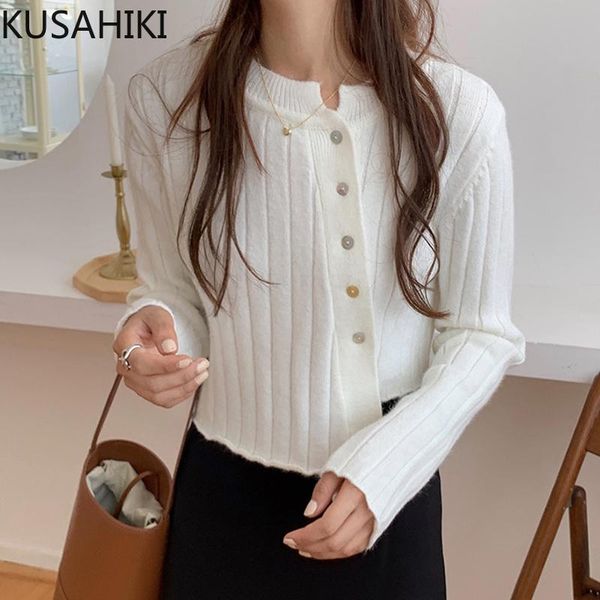 

women's knits & tees kusahiki korean irregular single breasted knitted cardigan women long sleeve o-neck sweater coat 2021 autumn knitw, White