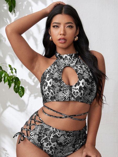 

plus snakeskin print cut-out halter bikini z0ue#, Black