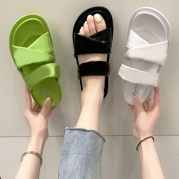 

sandals slippers women summer 2021 solid color platform fashion casual outdoor beach shoes ladies flat slides footwear, Black