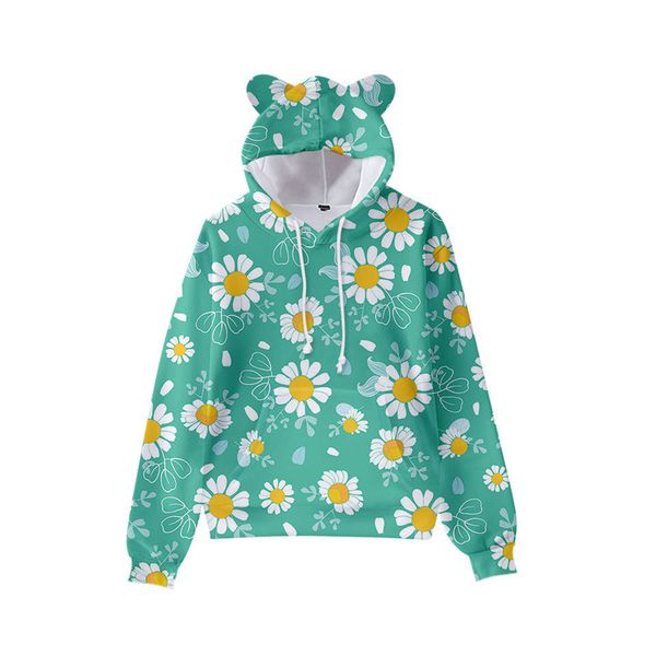 

chrysanthemum print cute boy girl clothes hooded 3d printing hooded sweater autumn early winter ears hooded pullover, Black