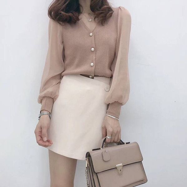 

2021 new solid autumn spring woman's knit transparent lantern sleeve ladies sweater v-neck plus size women cardigan with buttons 1z0s, White;black