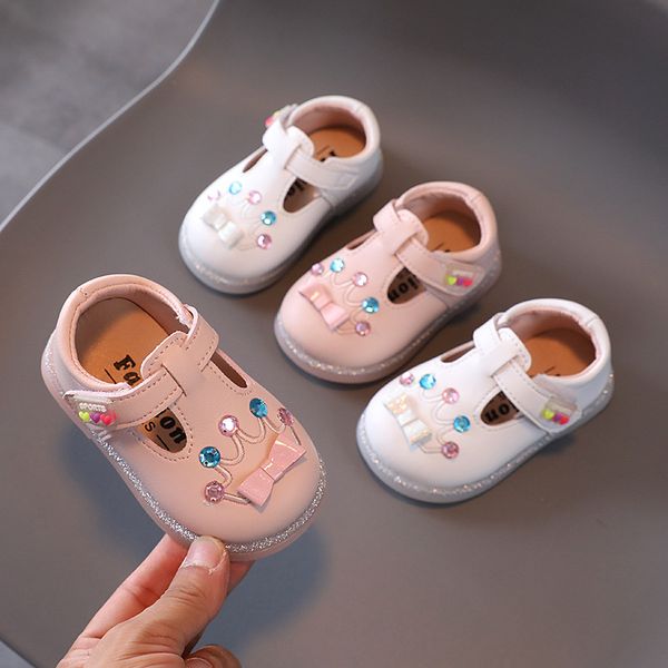 

Autumn Infant Toddler Shoes Baby Girls Leather Shoes Kids Soft Bottom Non-slip Comfortable Children Sequins Crown Princess Shoes, Beige