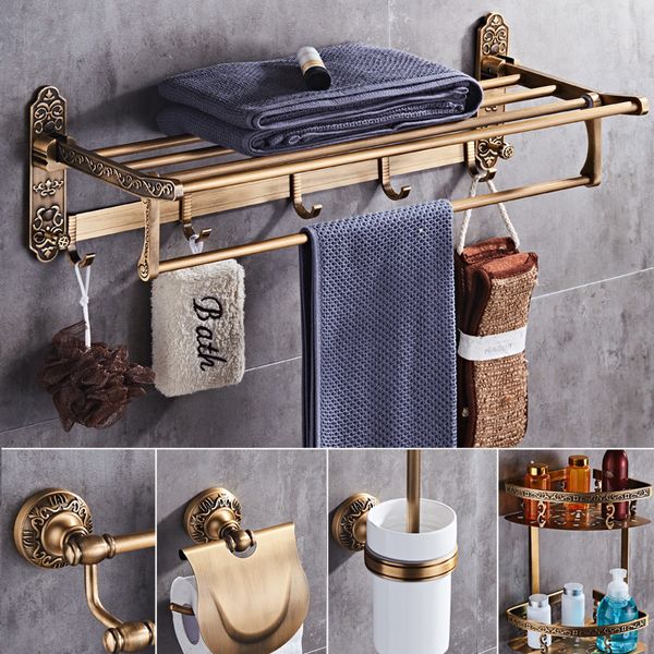 

2021 new antique bronze carved bathroom accessories set aluminum bath hardware sets towel rack,paper toilet brush holder 00yv
