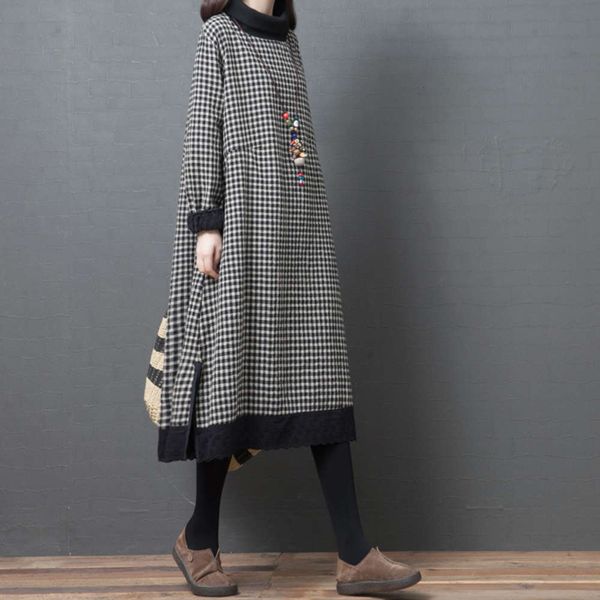 

light luxury new 2020 and literature autumn art winter loose large fat mm high fleece cotton hemp medium round neck long sleeve dress, Black;gray