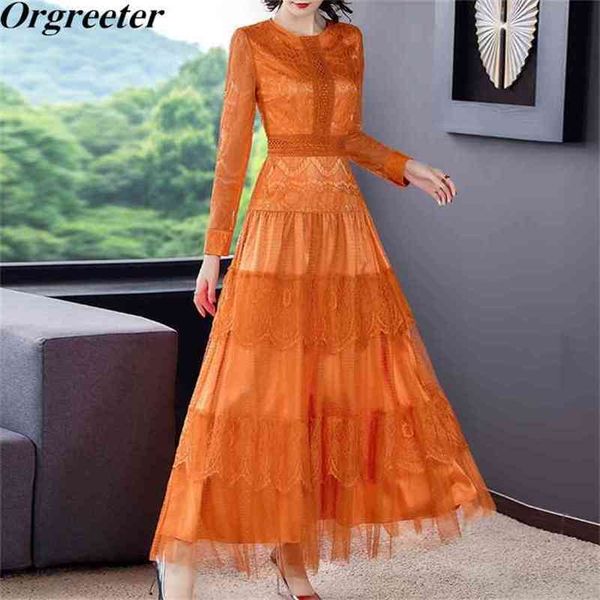 

orange long maxi dress for women spring fall o-neck sleeve slim lace robe femme party 210602, Black;gray