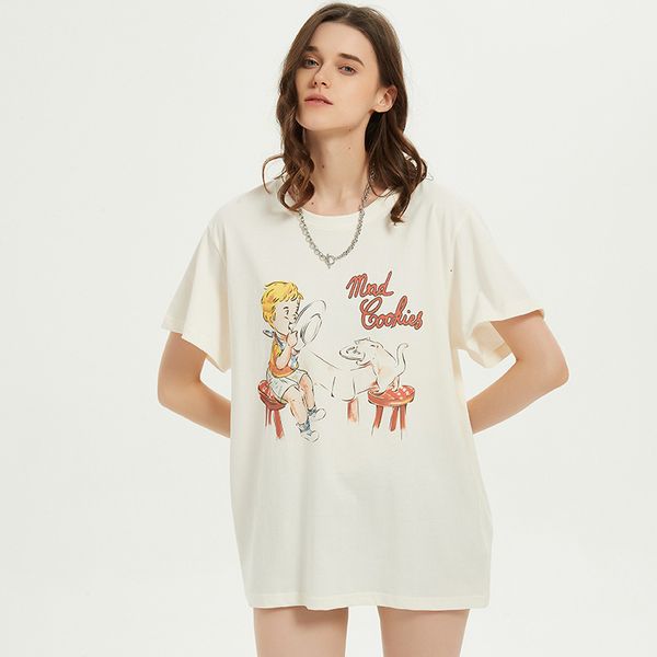 

21ss women designer t shirts2021 early cotton cartoon pattern lovers' graffiti print short sleeve t-shirt women's loose medium len, White