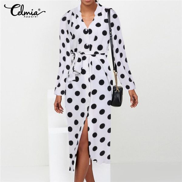 

celmia women autumn long sleeve polka dot fashion dress office shirt dress 2021 casual belted party midi vestidos robe plus size, Black;gray