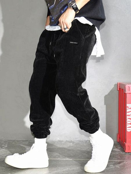 

men letter patch detail drawstring waist corduroy pants w8hx#, Black