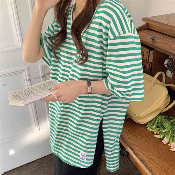 

women's t-shirt new green striped summer split oversize femme gentle o-neck loose short-sleeved all-match casual t-shirts, White
