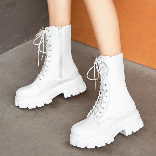 

boots 2021 platform thick soled mid shoes lace up short for winter autumn retro comfy pu leather, Black