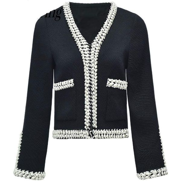 

tvvovvin women woolen coat pearl patchwork v-neck black vintage women coats jackets winter 2021 new fashion wool coat 39pe