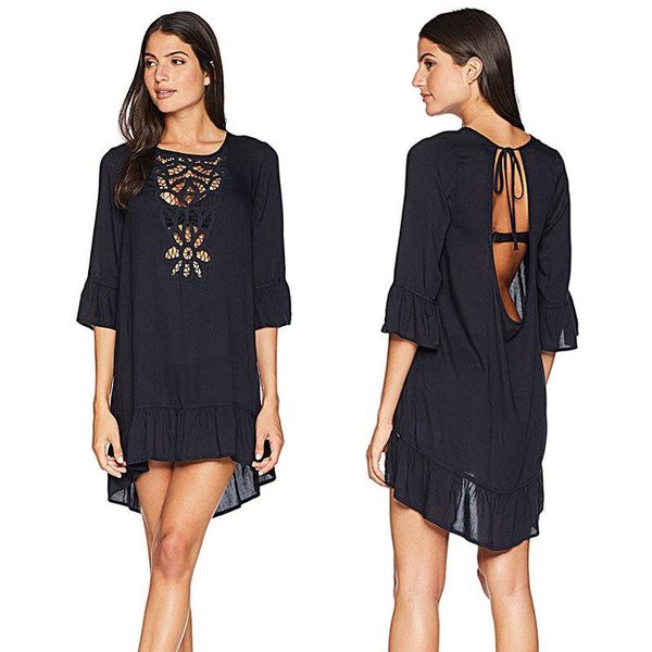

women's swimwear cotton beach cover up backless summer beachwear swim suit robe plage women tunic pareo, White;black