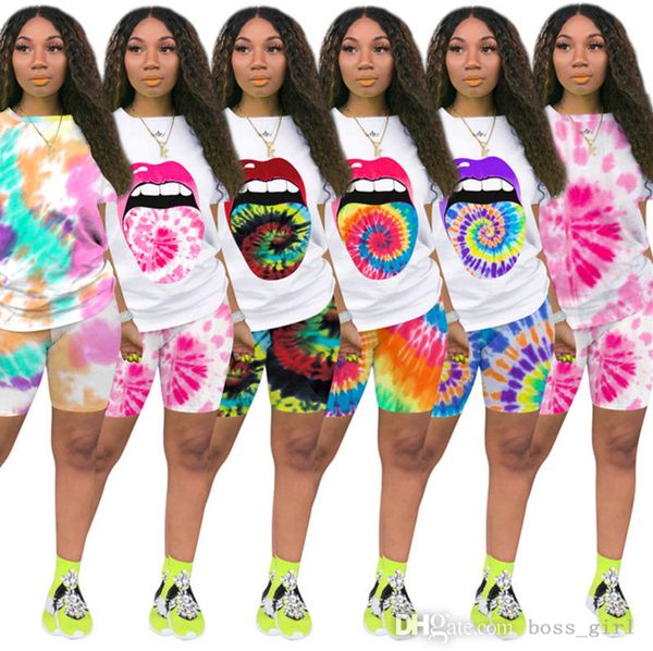 

plus size s-4xl women lip print tracksuits tie dye two piece set short sleeve tee-shirt+mini shorts casual outfits summer clothing sports jo, Gray