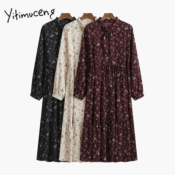

casual dresses yitimuceng a-line for women floral bow long sleeve vintage black beige red elastic waist plus size 2021 spring clothing, Black;gray