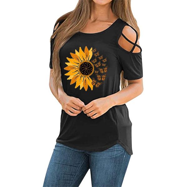 

women's t-shirt t shirt casual loose round neck woman tshirts short sleeve sunflower print off shoulder mujer camisetas #lr3, White
