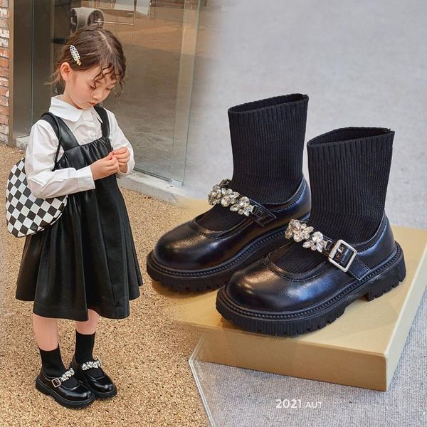 

boots kids autumn baby girls slip on ankle shoes children brand sock black princess rhinestone fashion, Black;grey
