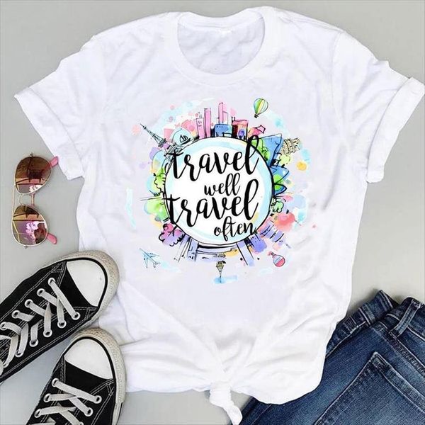 

cartoon watercolor trend travel womens t shirt holiday short sleeve graphic summer fashion print female clothes tees, White