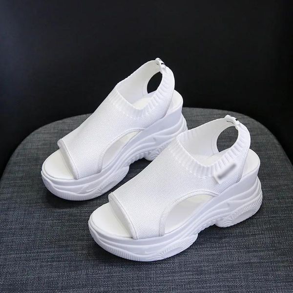 

white stretch fabric hollow out peep toe wedges gladiator sandals designer platform heighten shoes 9cm retro casual women shoes, Black