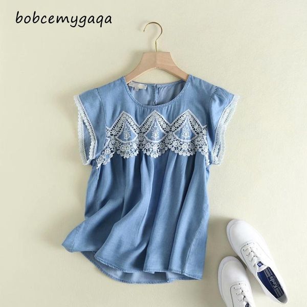 

summer embroidery denim blouse women o neck soft blue womens and blouses casual holiday blusas mujer new cotton, White