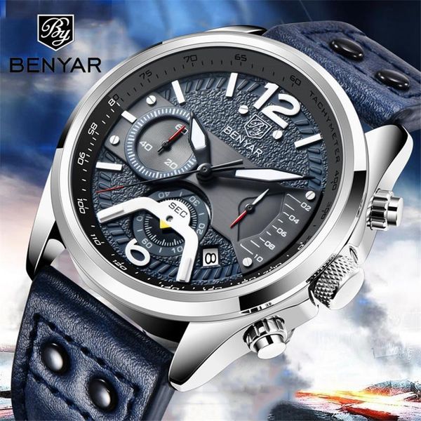 

wristwatches benyar men's chronograph classic luxury quartz wristwatch sports waterproof watch brand relogio masculino, Slivery;brown
