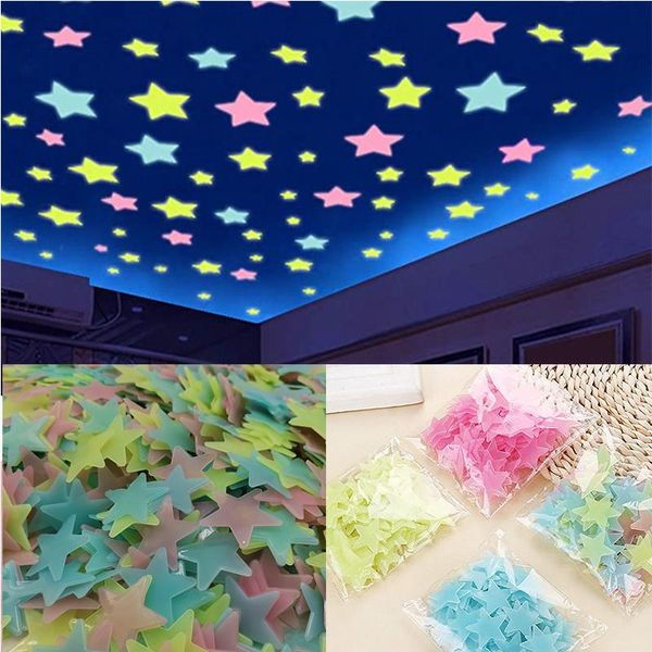 Wandaufkleber, 50 Stück, 3D-Sterne, die im Dunkeln leuchten, leuchtender Stern und Mond, fluoreszierende Aufkleber für Kinder, Babyzimmer, Schlafzimmer