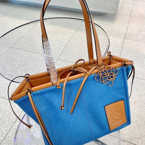 

new women's splicing shopping loe canvas denim bag one shoulder tote beach storage bags