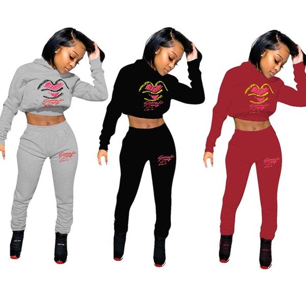 

2021 new two piece women outfit winter clothes hoodie lips print sweatsuit leggings tracksuit matching set wholesale dropshipping audr, Gray
