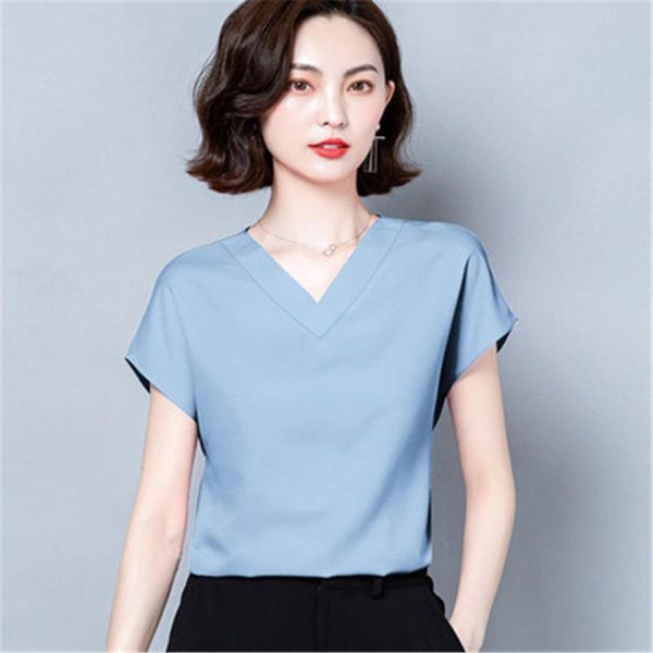 

women's blouses & shirts office lady solid v-neck blouse women summer 2021 short sleeve casual silk satin plus size -4xl loose clothe, White