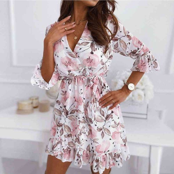 

spring summer flower print dress women v neck casual three quarter sleeve ruffles split dress female elegant a line party 2021 x0521, Black;gray