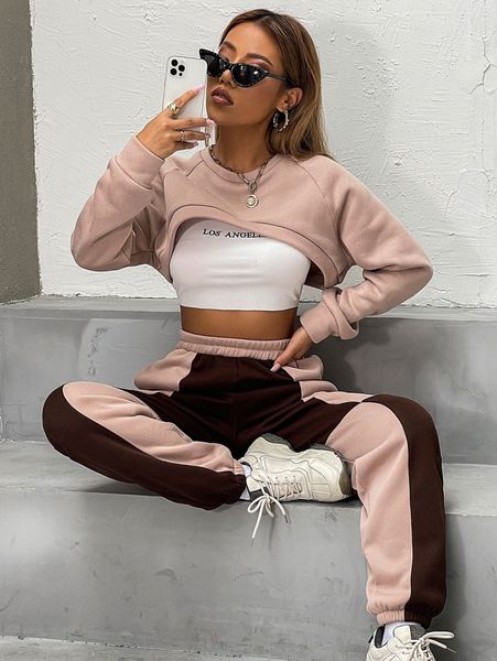 

raglan sleeve super crop pullover & color block sweatpants without camisole a51c#, White