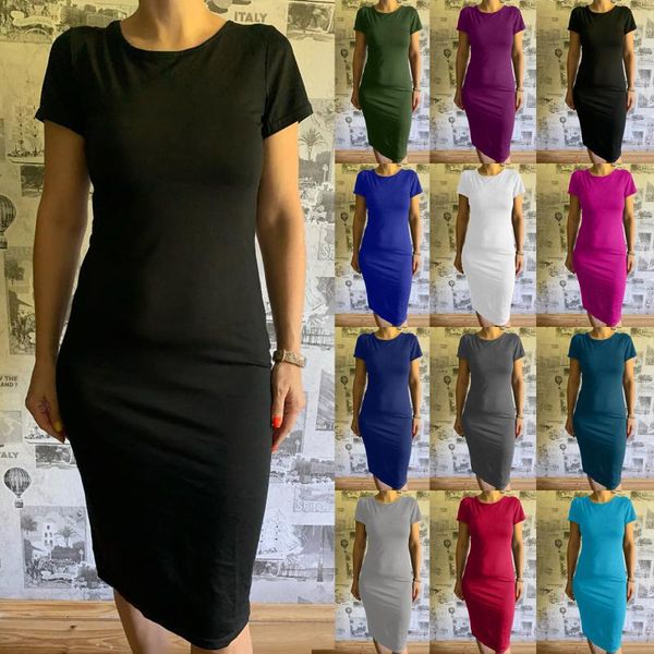 

casual dresses 2021 mujer summer vestido ropa women's fashion o-neck solid color bag hip elasticity short-sleeve dress vestidos robe fe, Black;gray