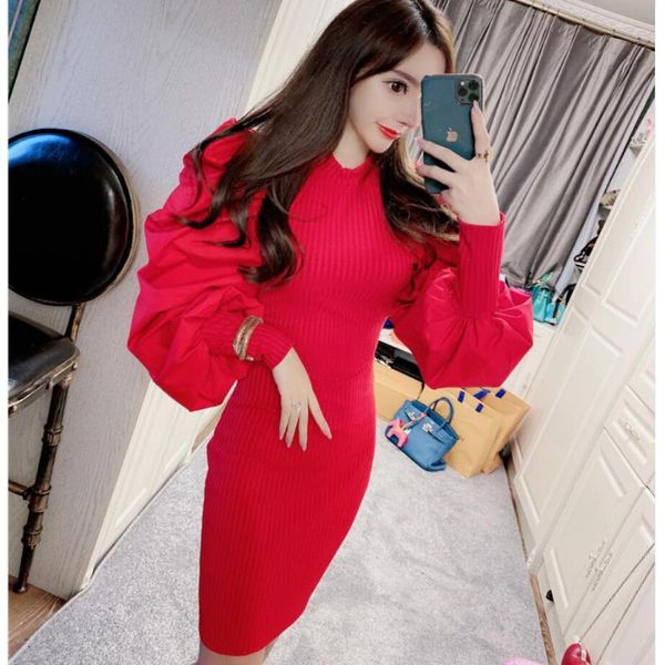 

casual dresses puff sleeve slim was thin dress, Black;gray