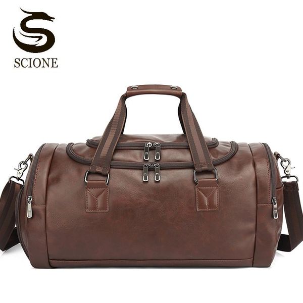 

duffel bags men's pu leather travel bag large weekend travelling duffle handbag vintage holiday shoulder male handbags xa100m