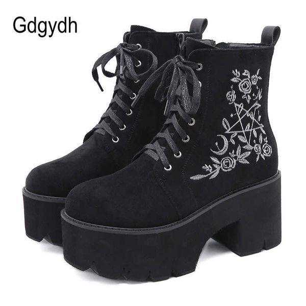 

gdgydh fashion flower platform boots chunky punk suede leather womens gothic shoes nightclub lace up back zipper 210911, Black