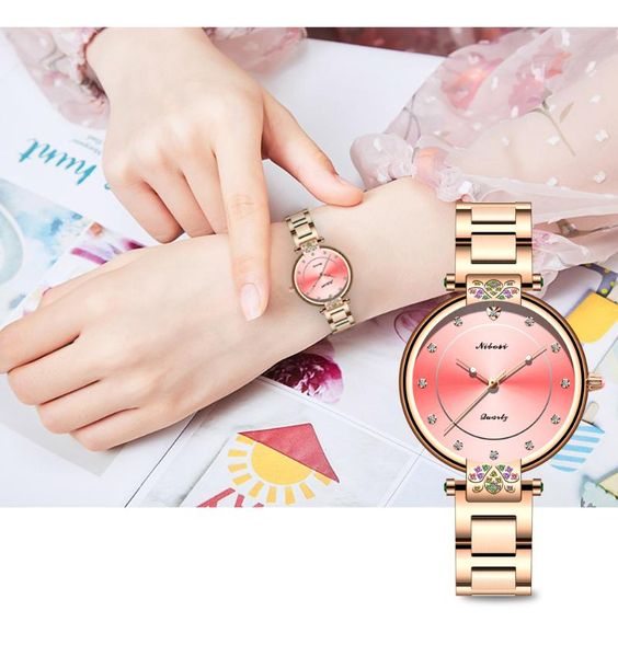 

wristwatches 2021 luxury women watches beautiful gift wristwatch for valentine's day rose gold diamond dial female clock relogio femini, Slivery;brown
