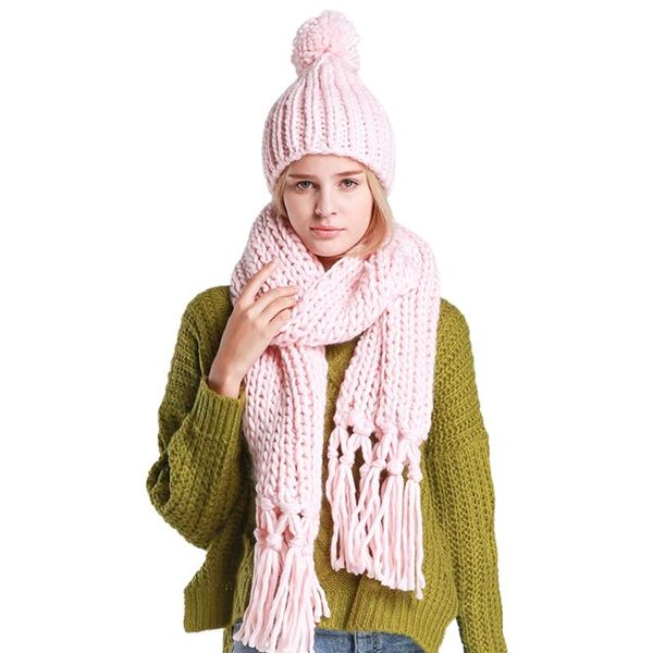 

hats, scarves & gloves sets women winter 2 pieces pompom beanie hat tassels long scarf shawl set solid color handmade thick braided cable kn, Blue;gray