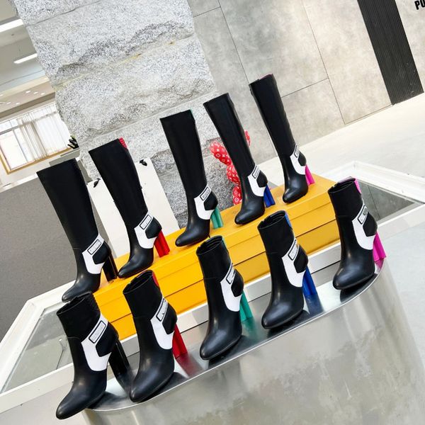 

womens autumn winter high block heel ankle boot 2021 luxury brand leather female round toe knee high long bootie shoe plus size, Black
