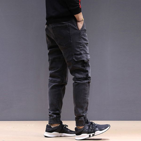 

2021 new autumn winter fashion black gray elastic denim cargo pants big pocket harem spliced hip hop jeans men joggers c7el, Blue