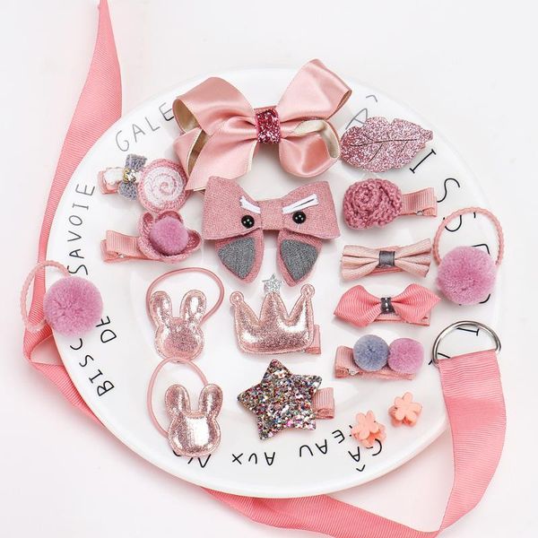 

18pcs/box kids hair clip set cute baby girls hair accessories cartoon bow flower clips elastic bands christmas gift, Slivery;white