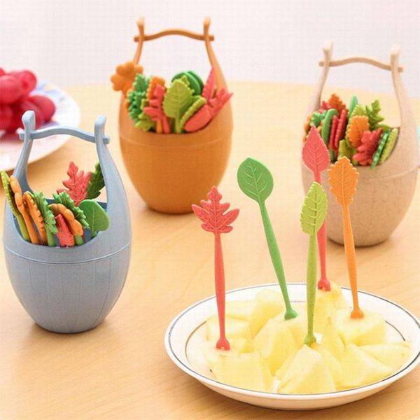 

forks cute 16pcs/set biodegradable fruit fork bucket leaves desert bento accessories shape snack salad vegetable kids d8u0