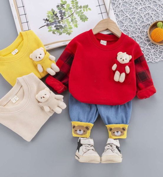 

2021 children's suit boys' spring new kids' autumn two piece bear jeans, White