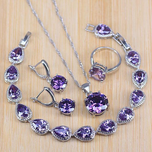 

earrings & necklace natural silver color jewelry purple cubic zircon white crystal sets for women earrings/pendant/necklace/rings/bracelet