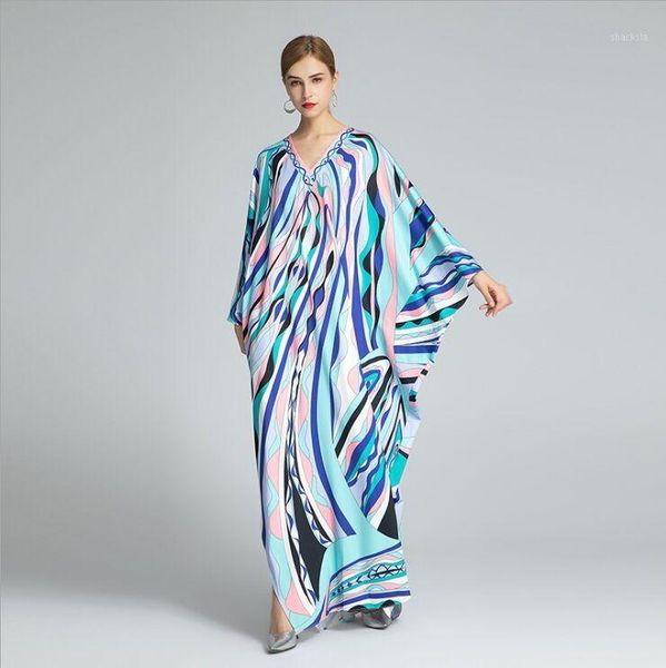 

[efatzp] 2021 autumn fashion bohemian women dress bat sleeve v-neck loose large size print slim floor long casual dresses, Black;gray