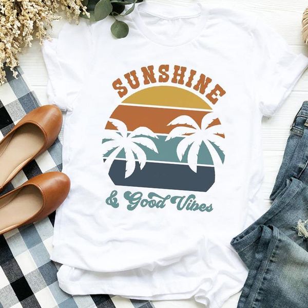 

women lady cartoon beach striped aesthetic 90s trend print tshirt shirt clothes graphic female t tee womens t-shirt, White