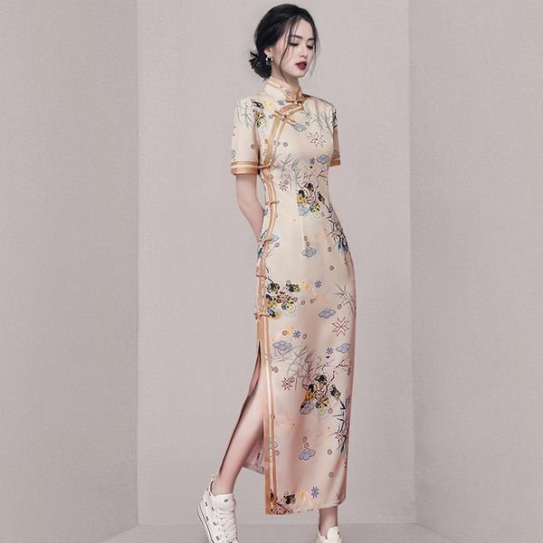 

ethnic clothing 2021 summer chinese classic women cheongsam dress split slim fit lady qipao elegant floral print traditional party dres, Red