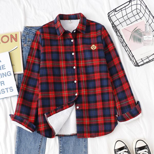 

2021 new autumn winter keep warm women fleece thick plaid shirt casual lapel long sleeve lady blouse veet checked outerwear female ztjv, Black