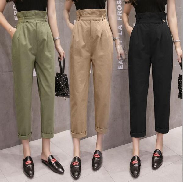 

women's pants & capris autumn high waist ruffles harem women 2021 pockets casual long solid pantalon female trousers, Black;white